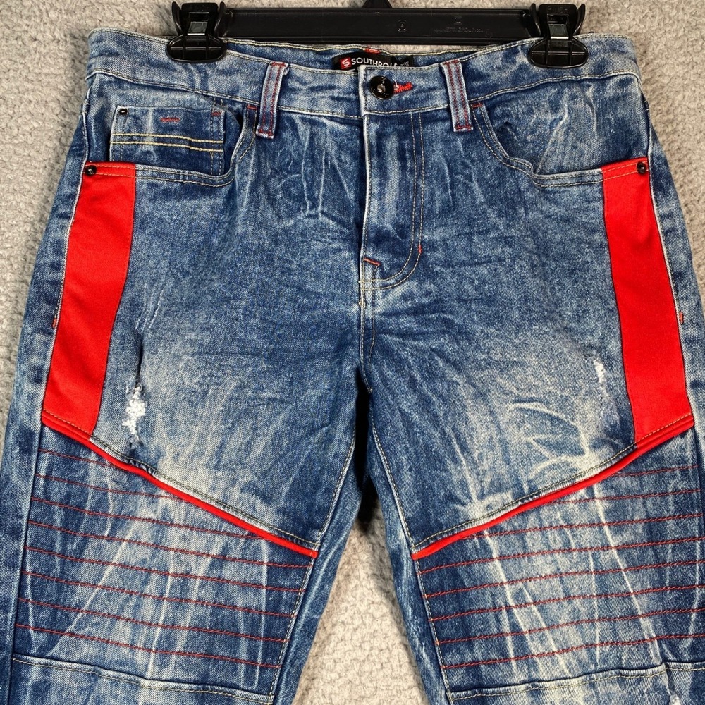 Southpole Mens Skinny Jeans Blue Acid Wash Red Accents Size 30x29 - Picture 2 of 11
